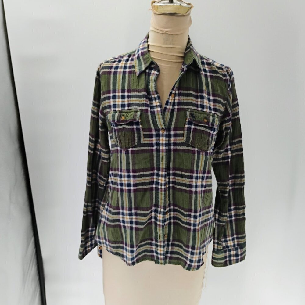Abercrombie‎ & Fitch Women's Olive Green Plaid Button Up Boyfriend Shirt flannel